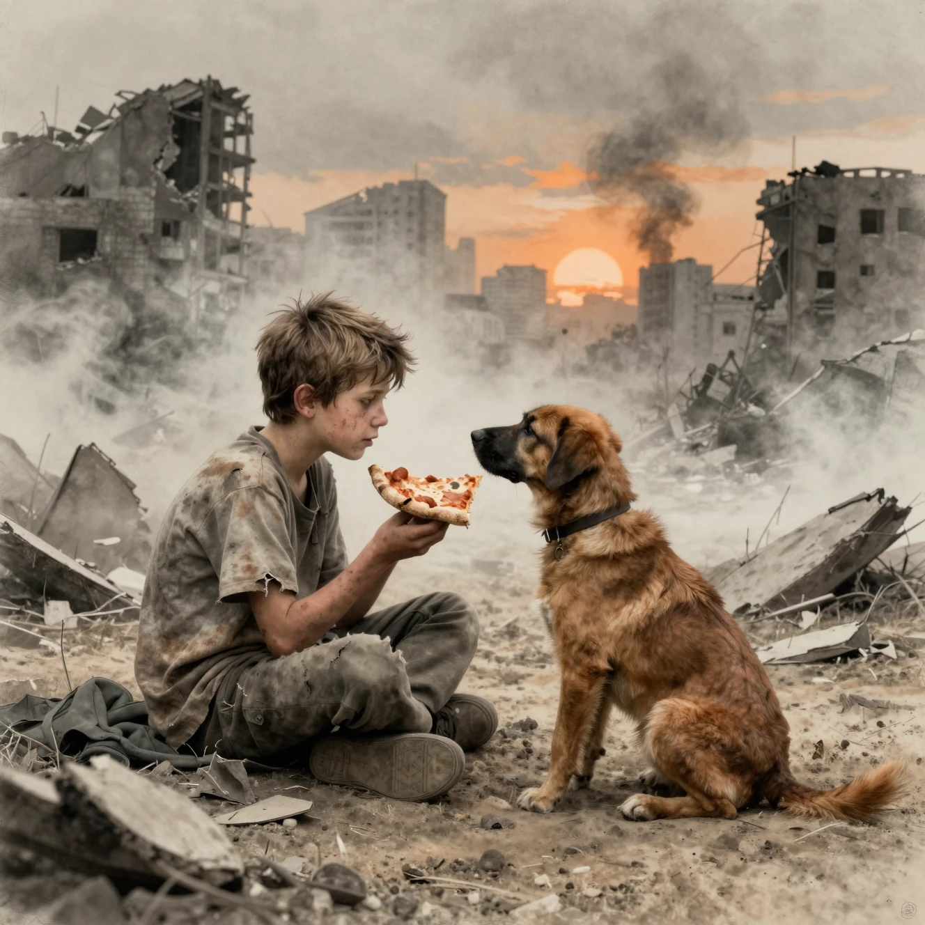Niño Compartiendo Pizza con Perro en Ciudad en Ruinas – Boceto