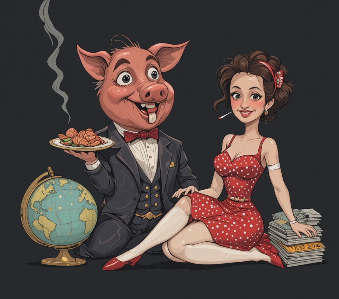 Porco de smoking com prato de comida em fundo preto