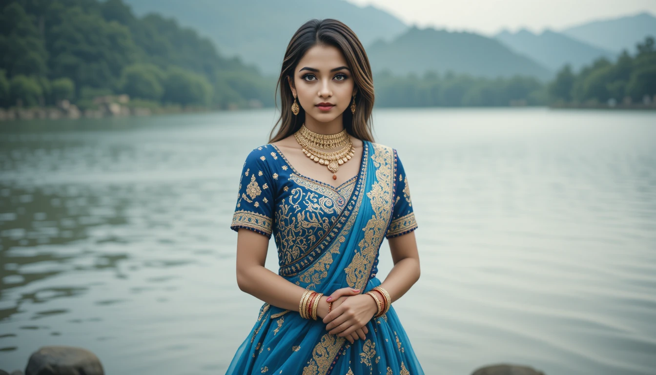 Femme indienne en lehenga bleu au bord d’un lac paisible