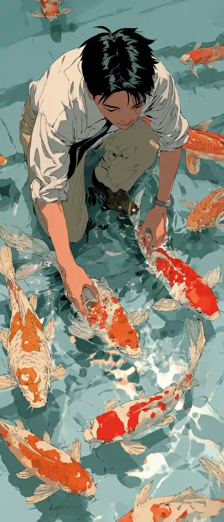 Man reaching toward fish in a clear water pool
