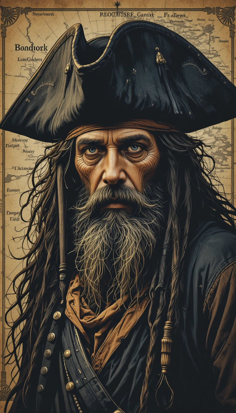 Retrato de velho pirata sobre fundo de mapa antigo