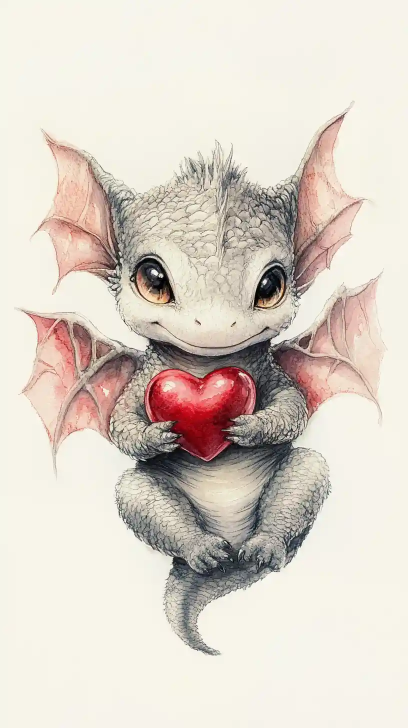 Verspielter Baby-Drache mit rotem Herz im Aquarellstil
