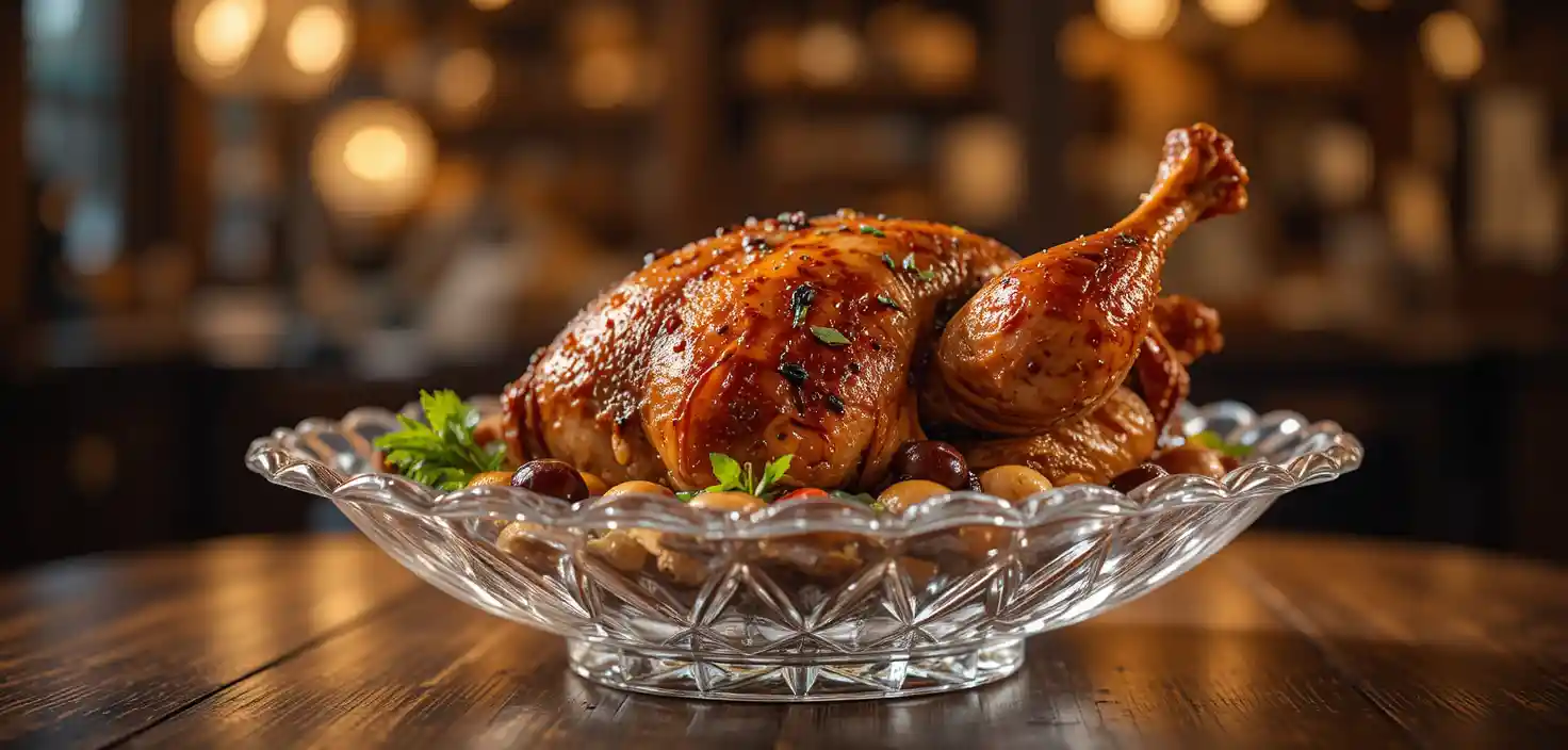 Close up roast chicken with dramatic studio lighting