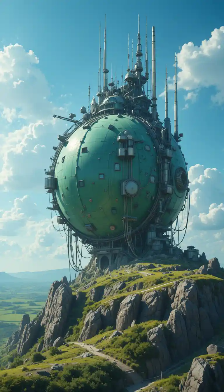 Futuristische grüne Struktur auf felsigem Hügel unter blauem Himmel