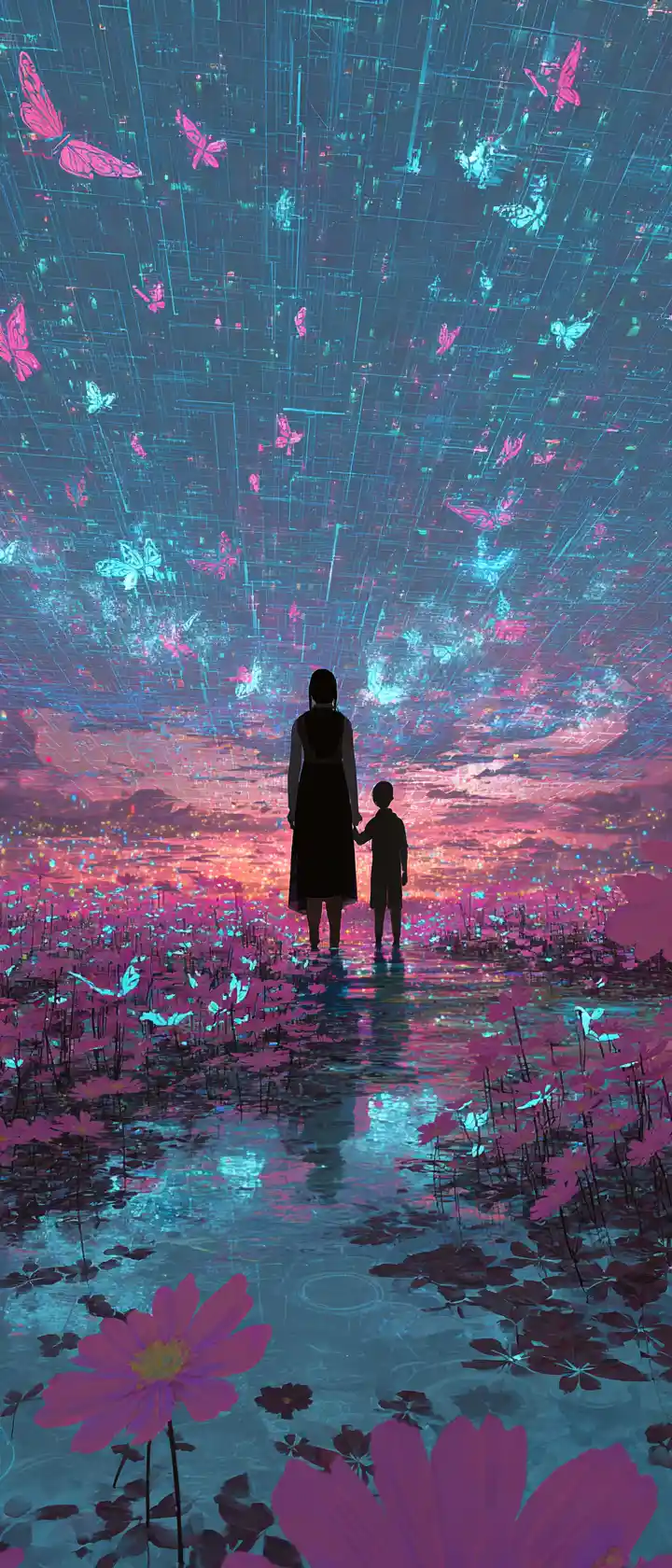 Mère et enfant dans un monde de prairie numérique lumineuse