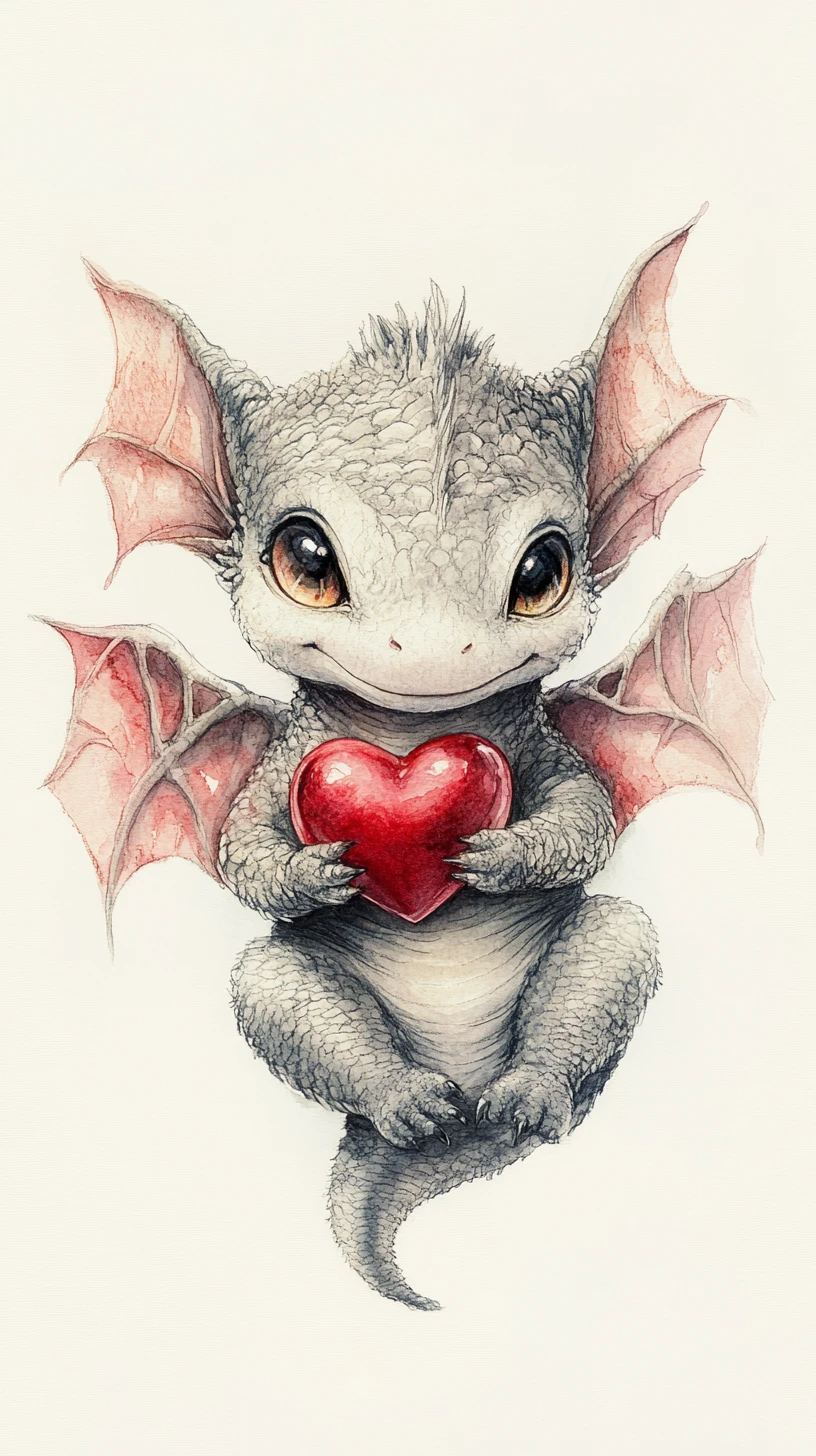 Verspielter Baby-Drache mit rotem Herz im Aquarellstil