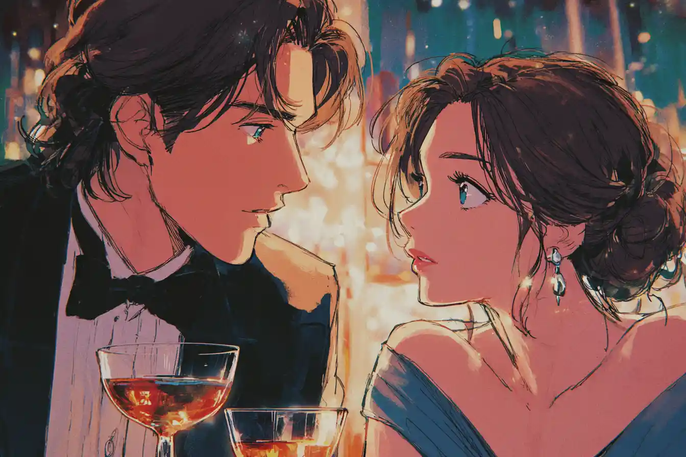 Casal de anime troca o primeiro olhar em um bar com iluminação suave