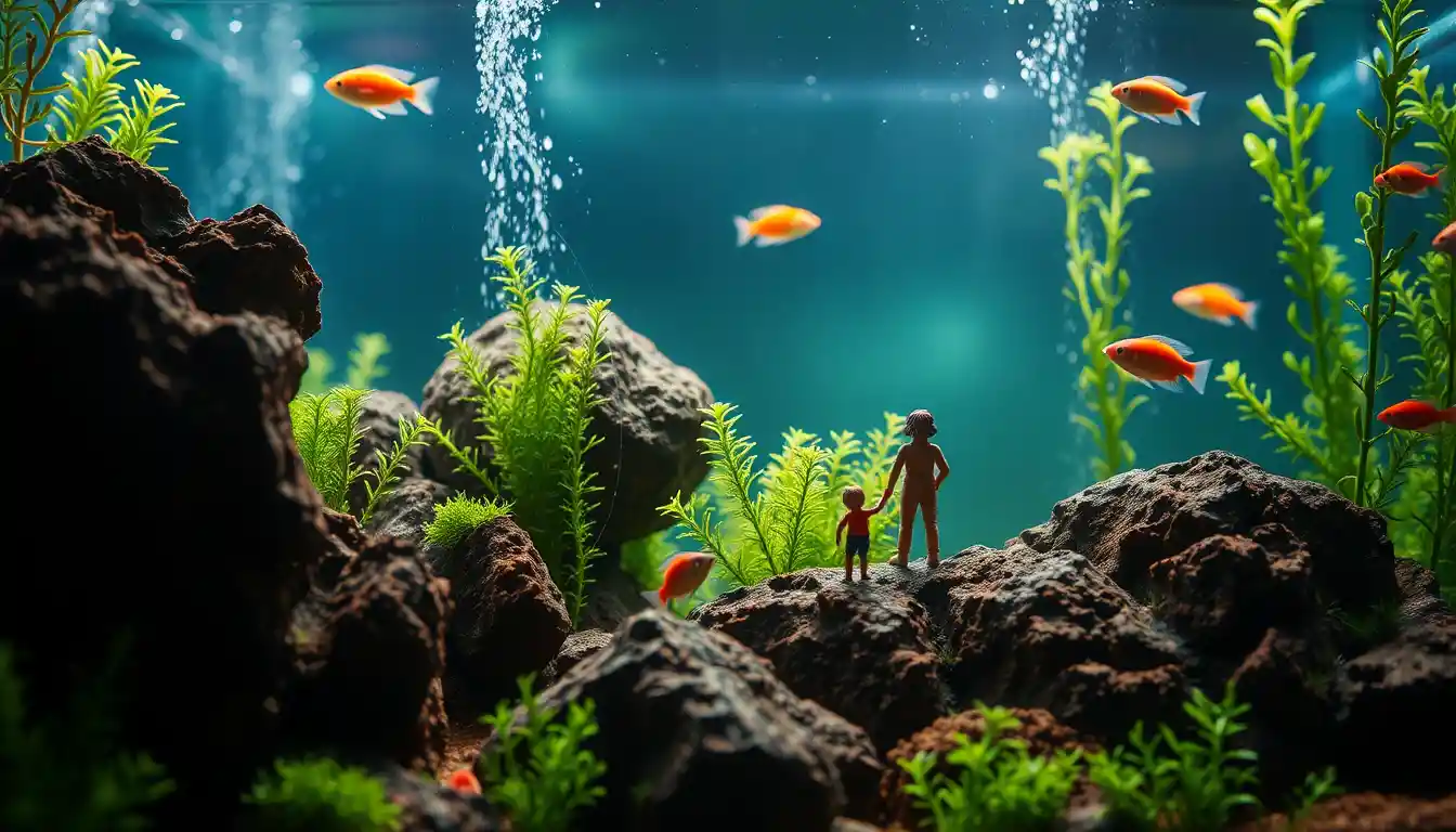 Colorful aquarium scene with neon fish and lush plants