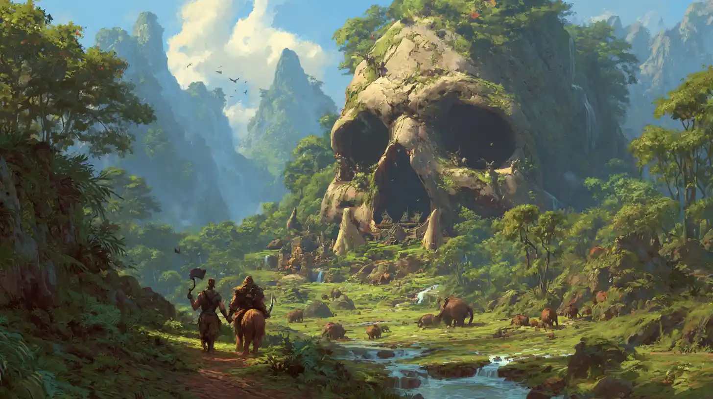 Bárbaro e leão companheiro entrando em um exuberante vale de selva
