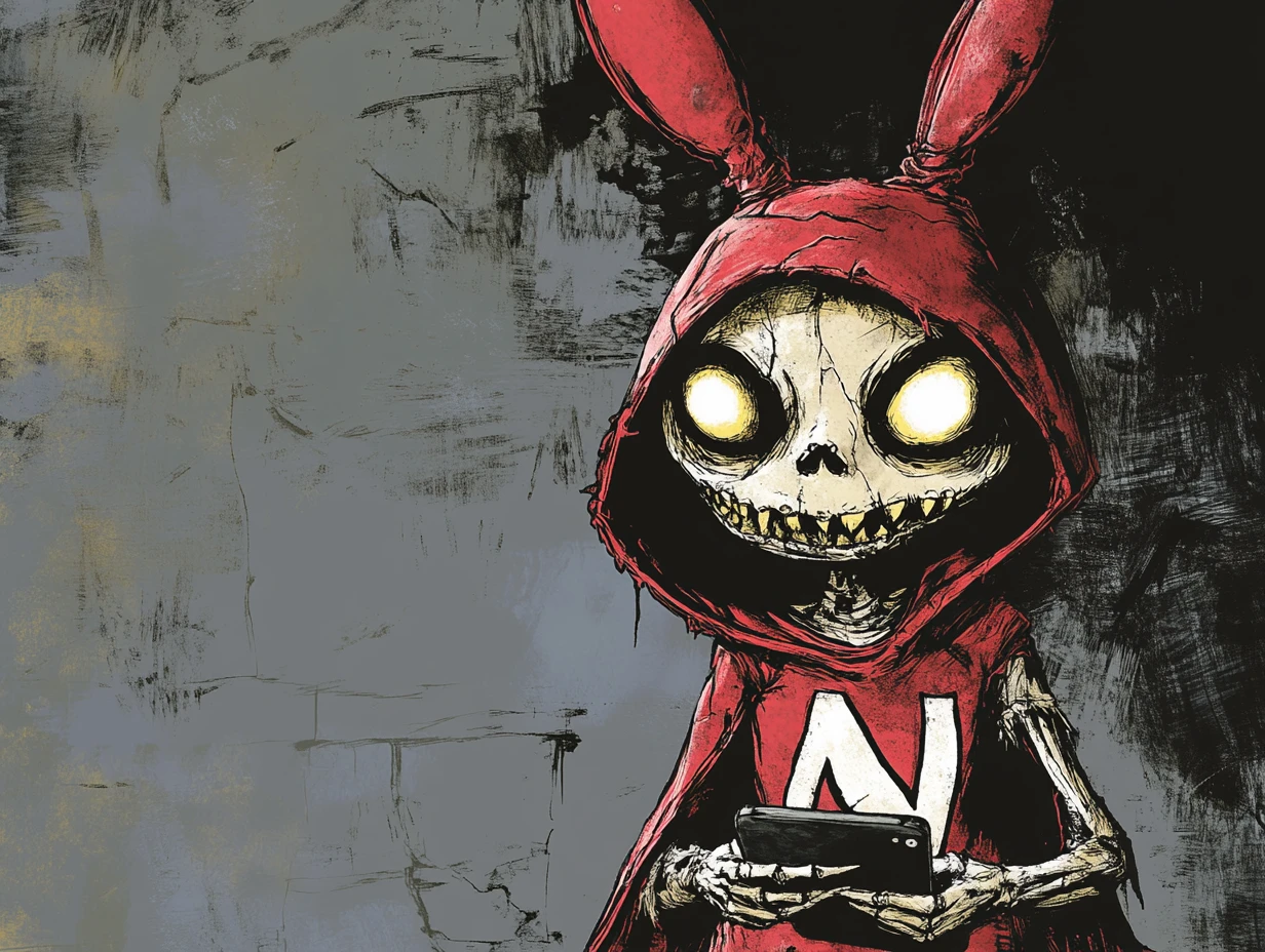 Grotesque red hooded monster squinting at a smartphone