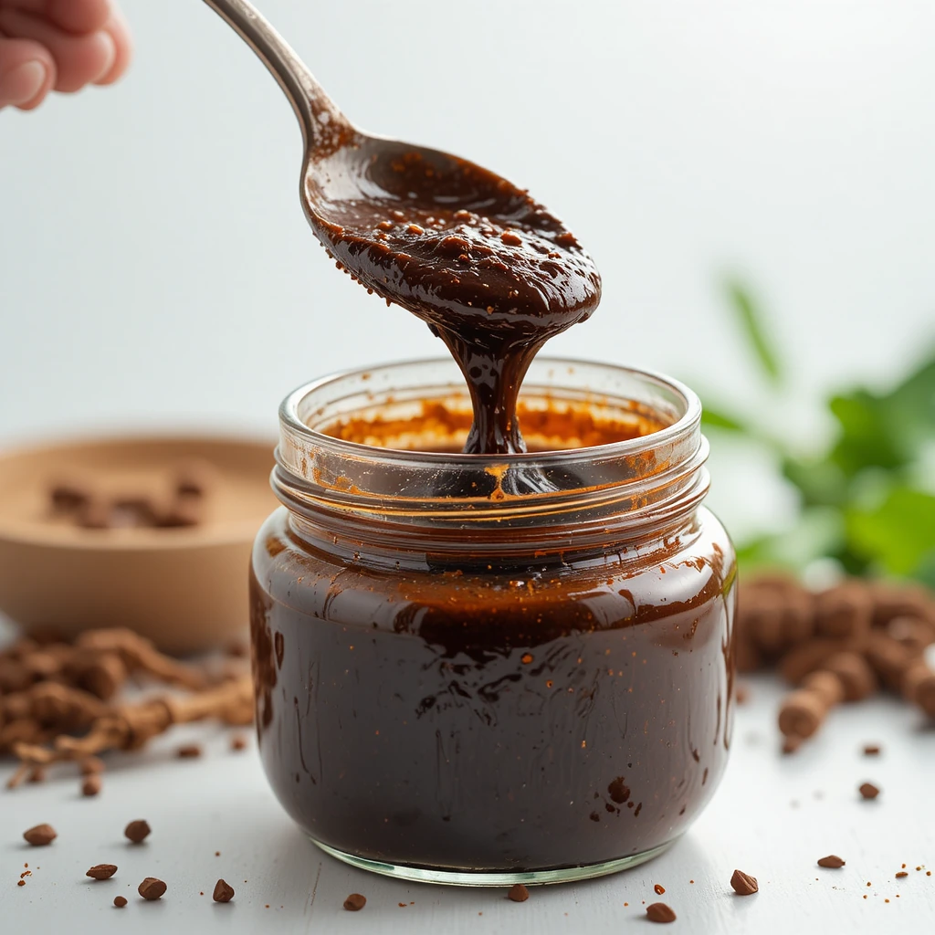 Makroaufnahme: Löffel hebt dunkle Kräuterpaste aus Glasgefäß
