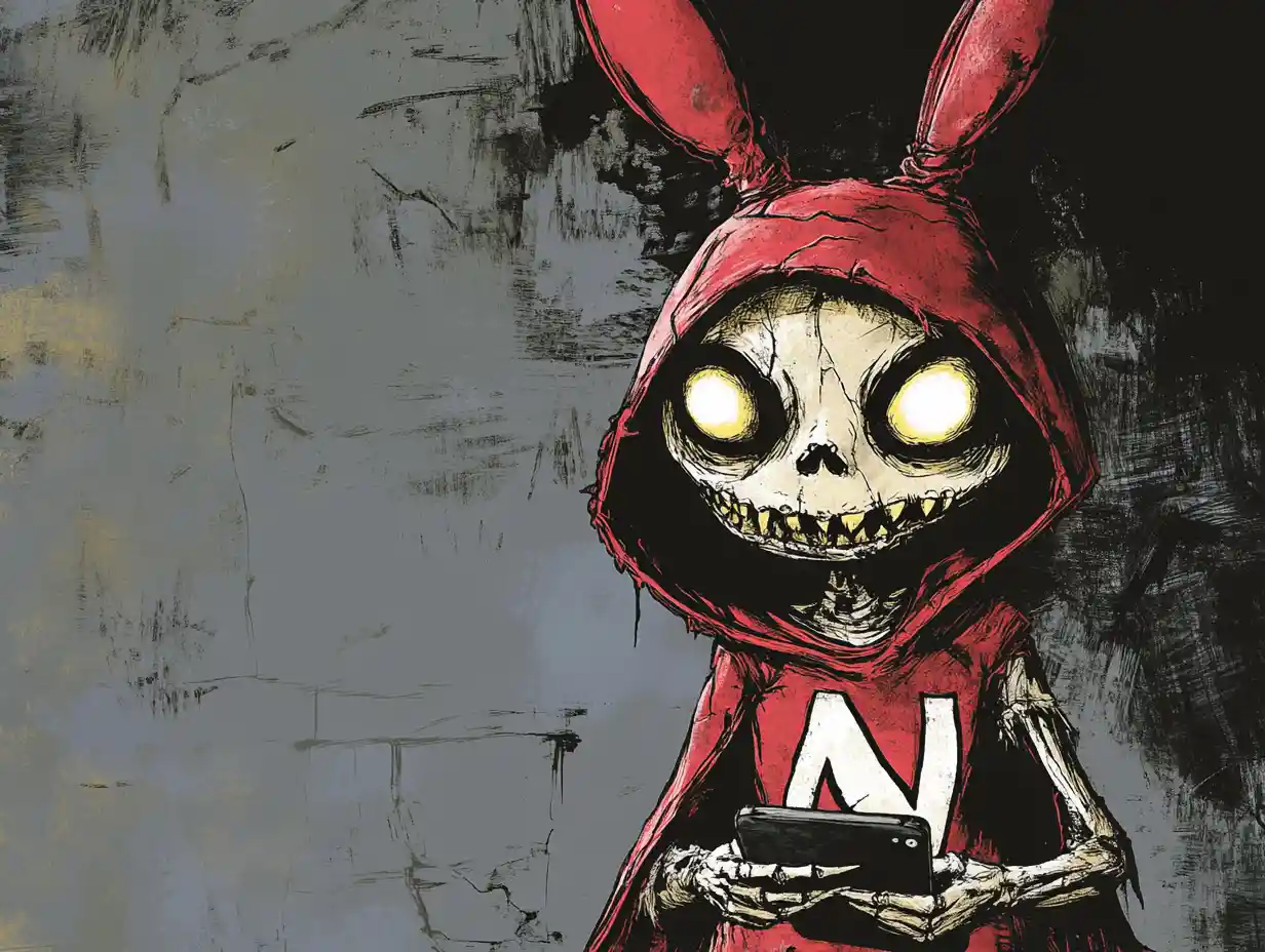 Grotesque red hooded monster squinting at a smartphone