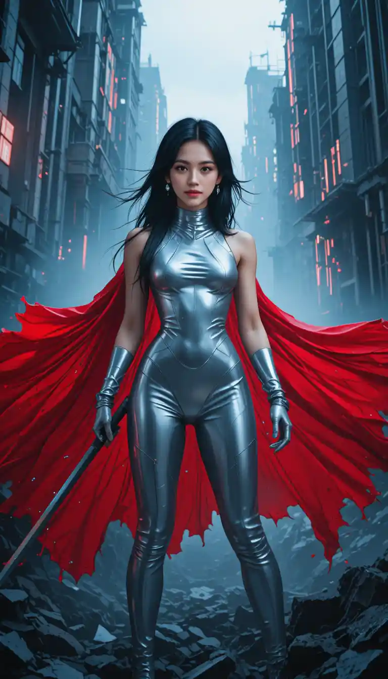 Defiant warrior woman in a ruined futuristic city