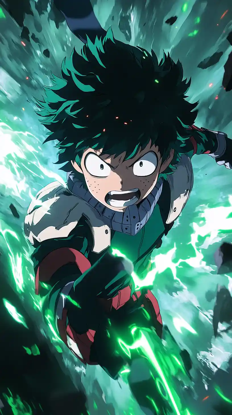 Héros d’anime déterminé portant un coup de poing vers l’avant avec une énergie verte