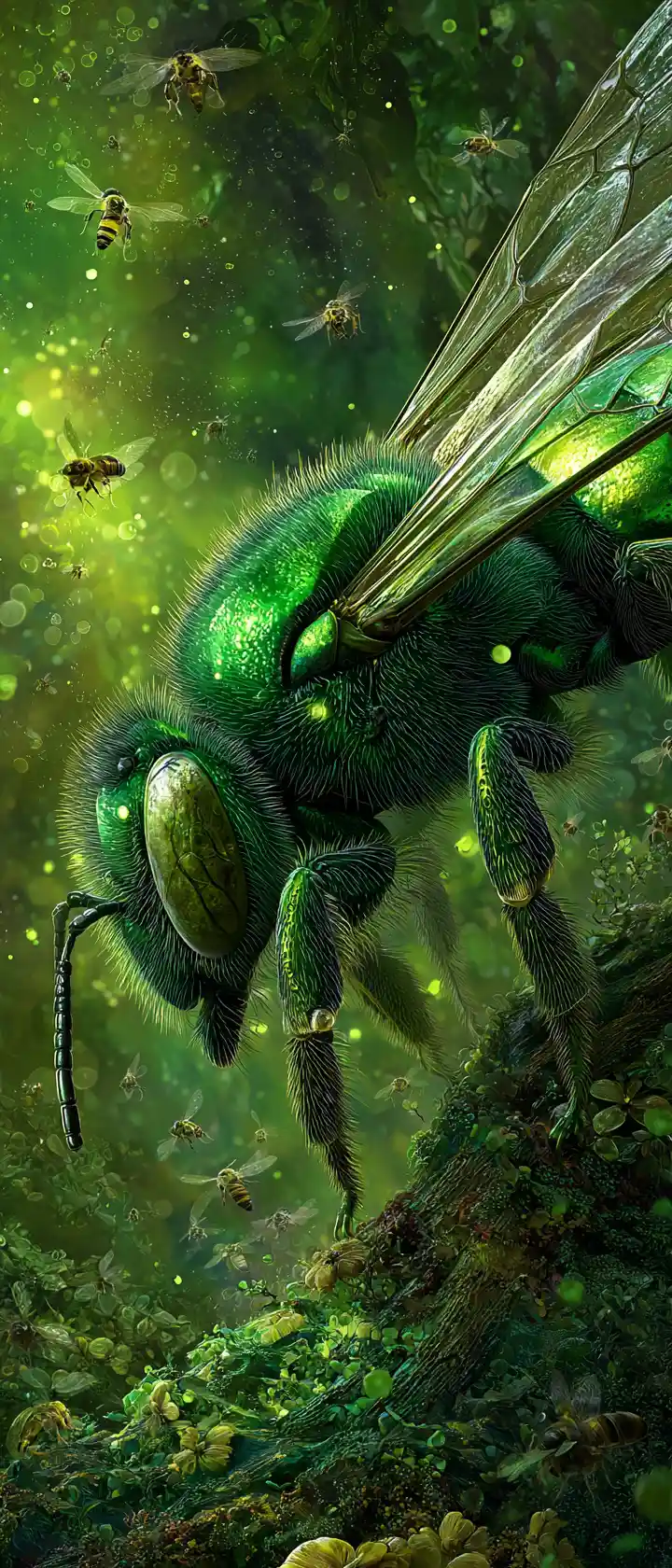 Glowing green bee in a surreal microscopic fantasy world