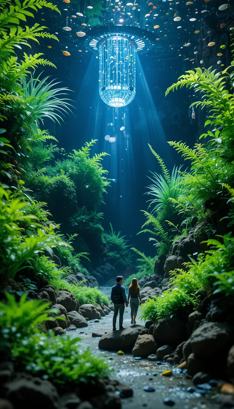 Colorful aquarium scene with fish and lush green plants
