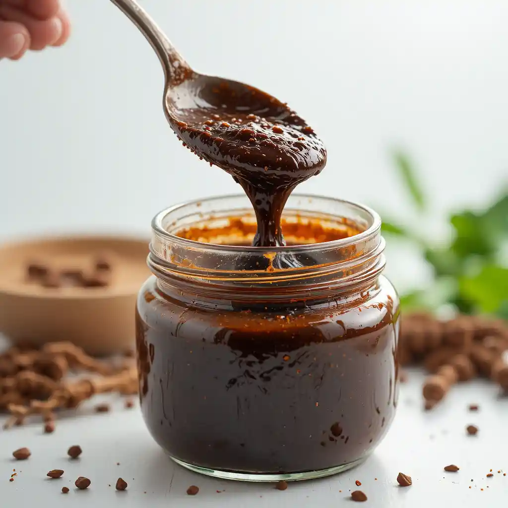 Makroaufnahme: Löffel hebt dunkle Kräuterpaste aus Glasgefäß