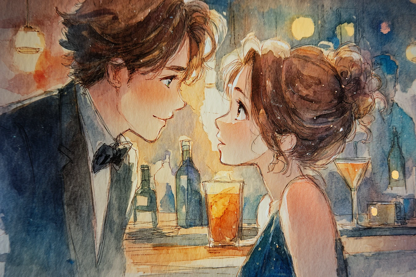 Pareja de anime compartiendo su primera mirada en un bar de luz suave
