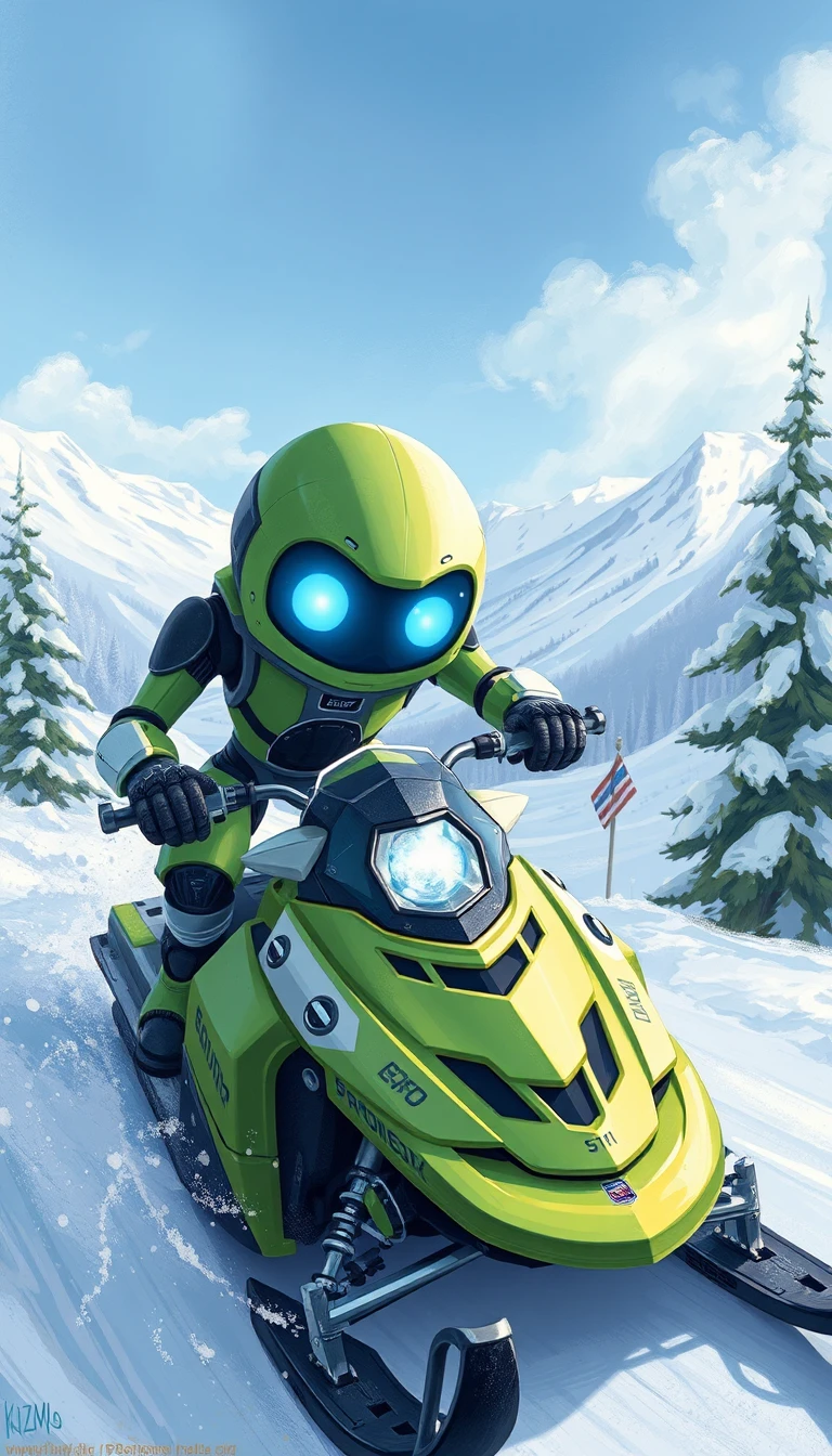 Sapo robô verde com olhos azuis em montanha nevada