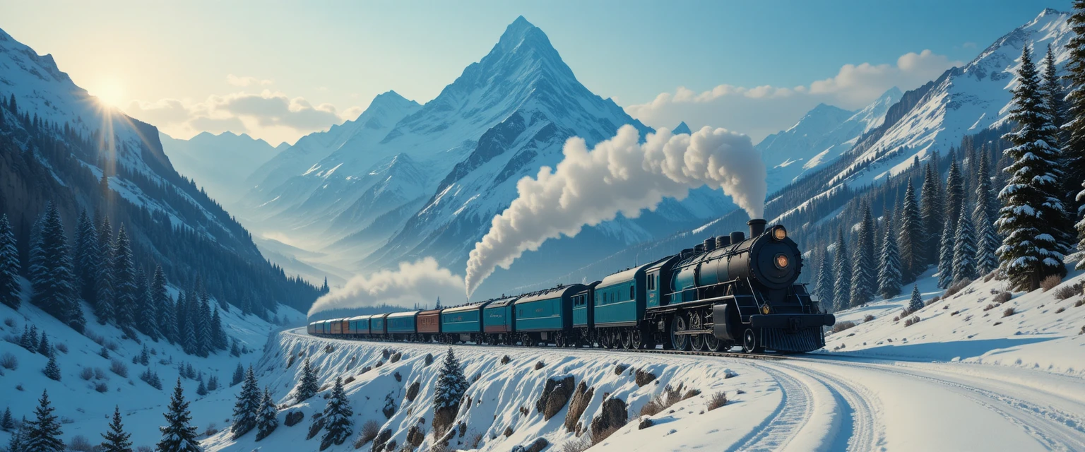 Dampflok über ein schneebedecktes blaues Bergtal