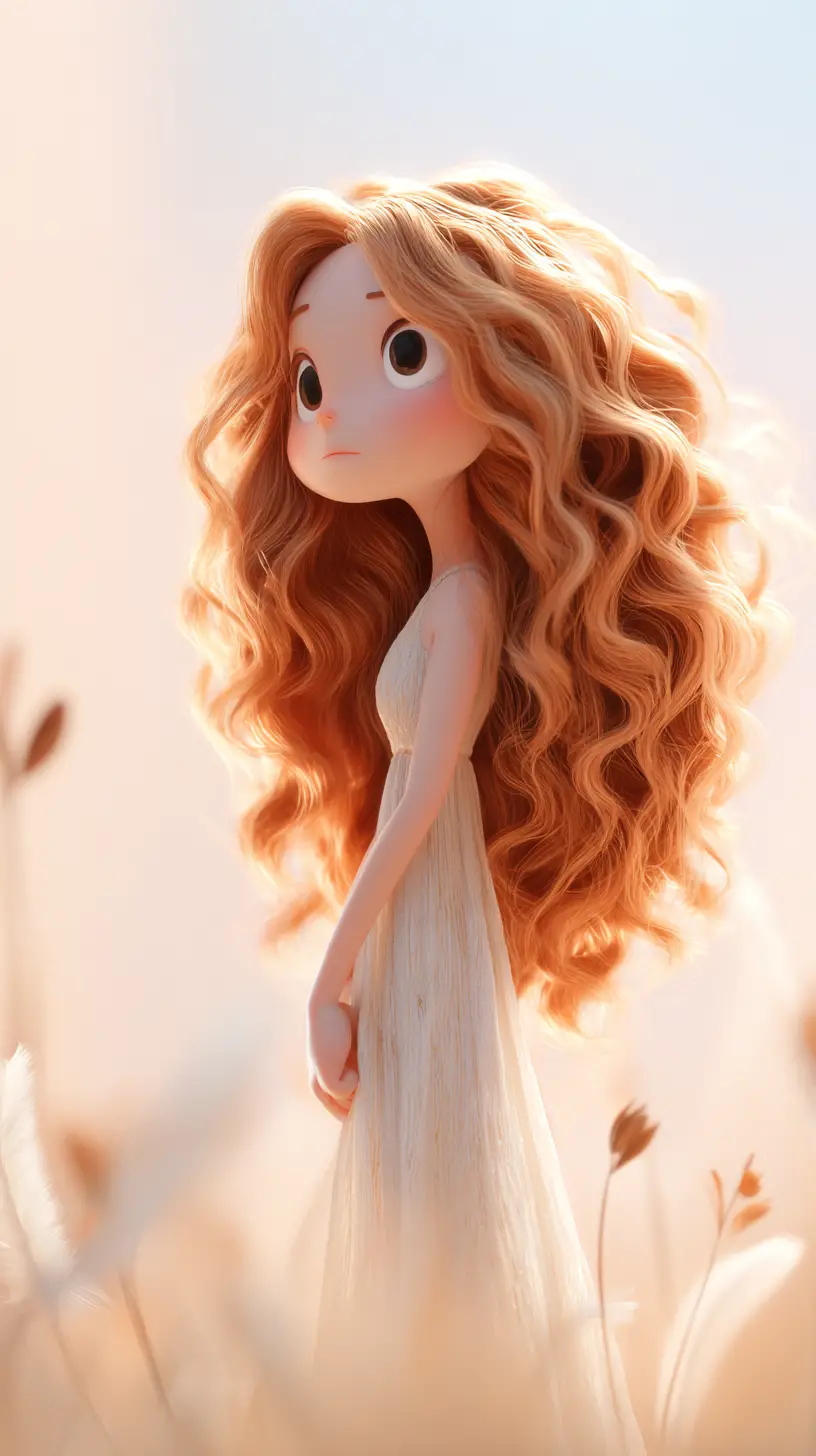 Shy 3D woman in flowing dress with gentle curly hair