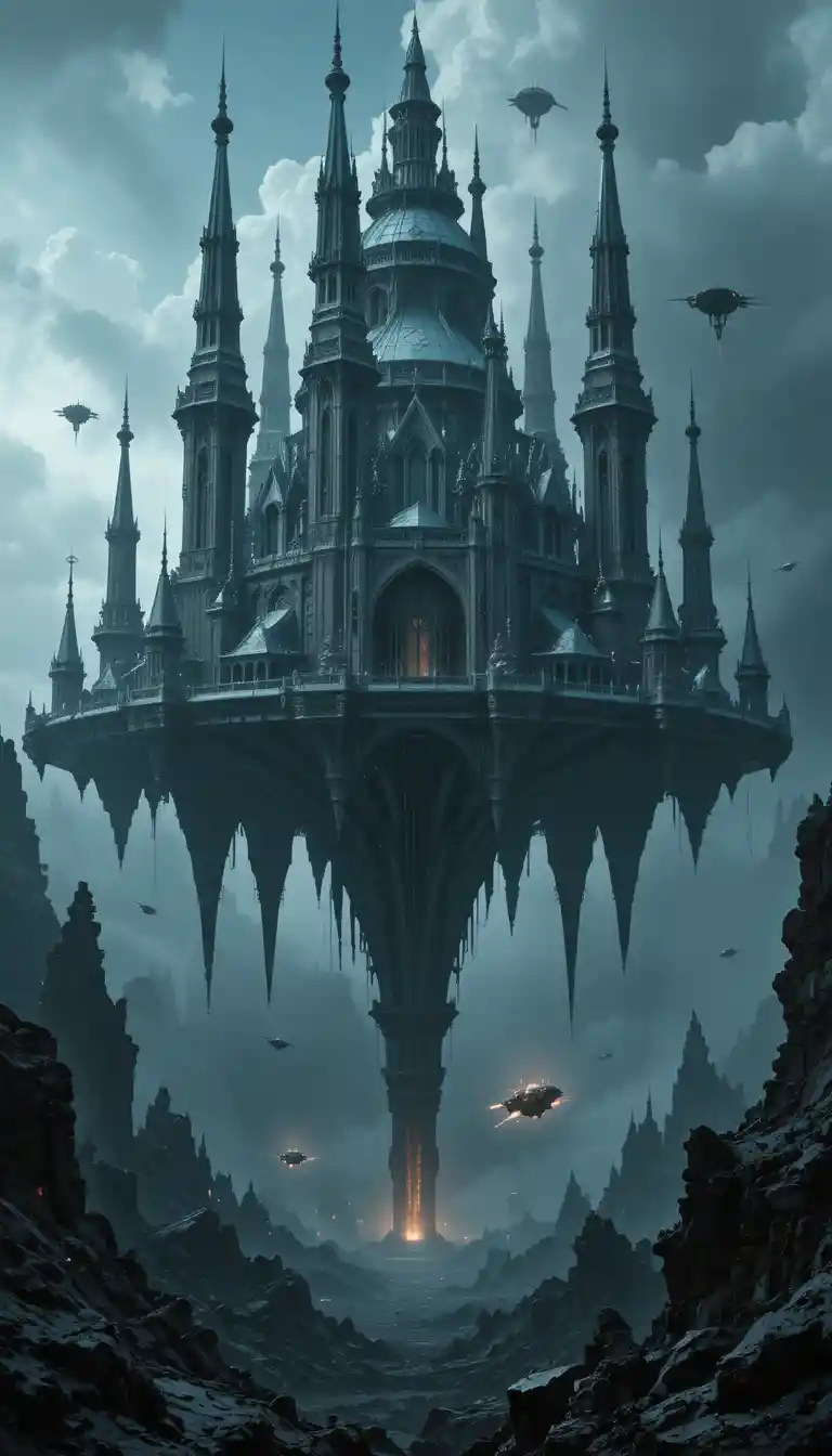 Città gotica futuristica fluttuante sopra un paesaggio roccioso e oscuro