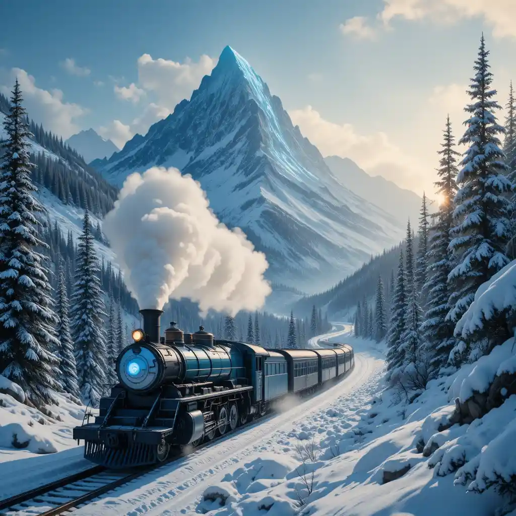 Vintage-Dampfzug überquert ein schneebedecktes Bergtal