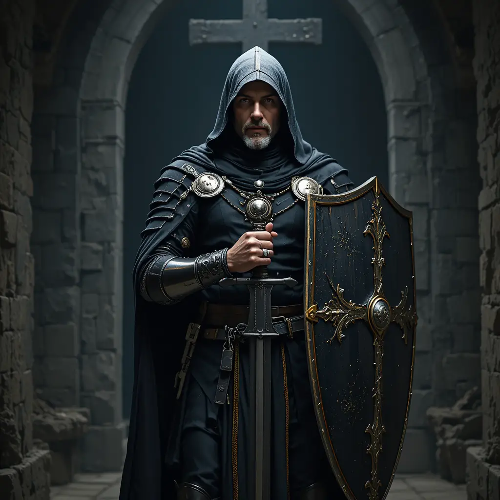 Templar warrior in black robes holding sword to chest