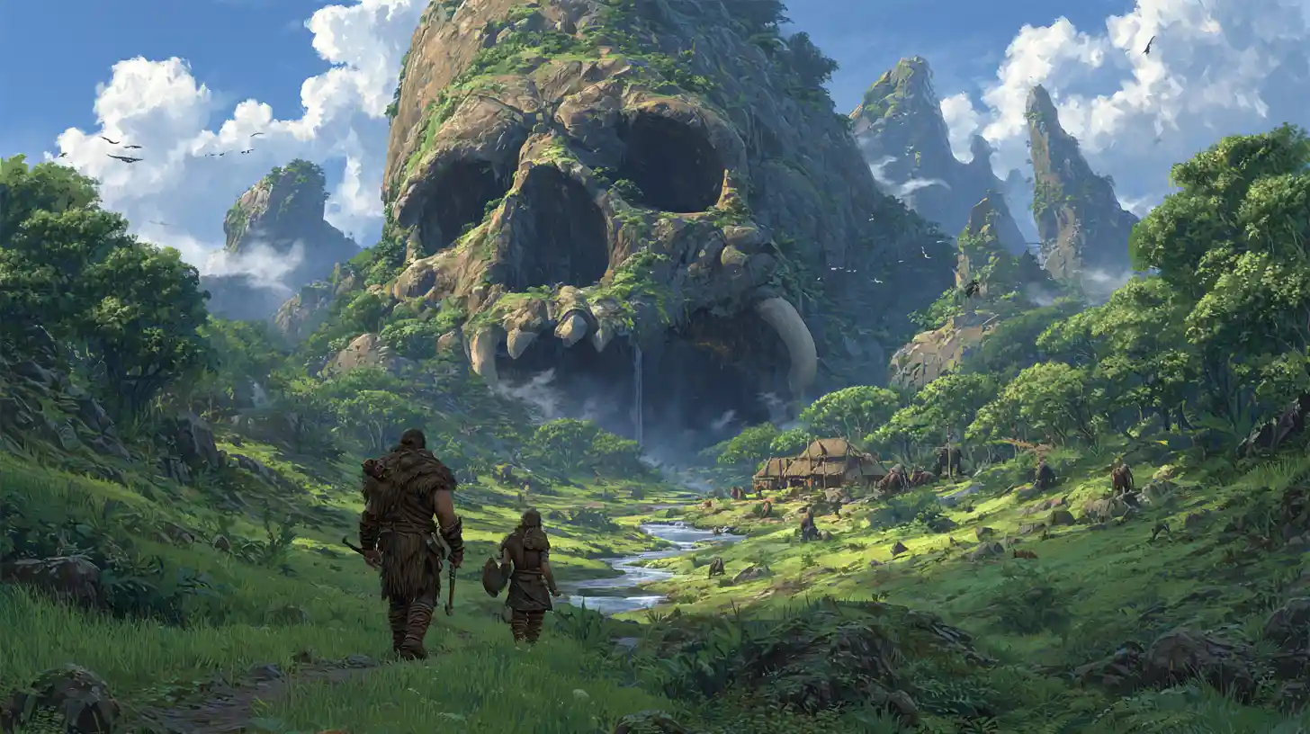 Bárbaro e leão entrando em um exuberante vale de selva