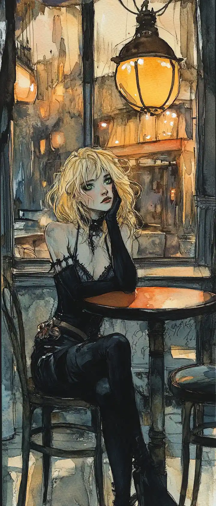 Ragazza gotica sognante in un accogliente caffè parigino - illustrazione