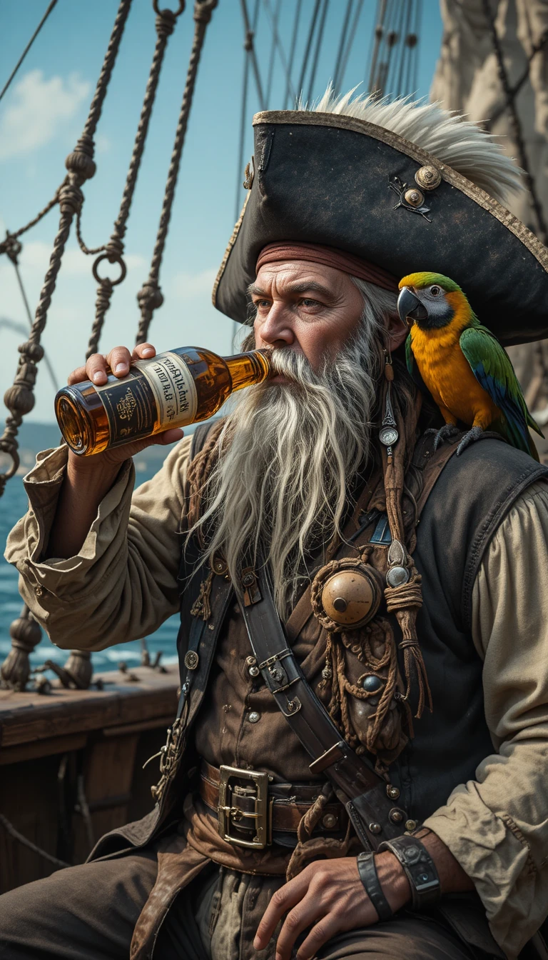Capitaine pirate barbu buvant du rhum avec un perroquet sur le pont