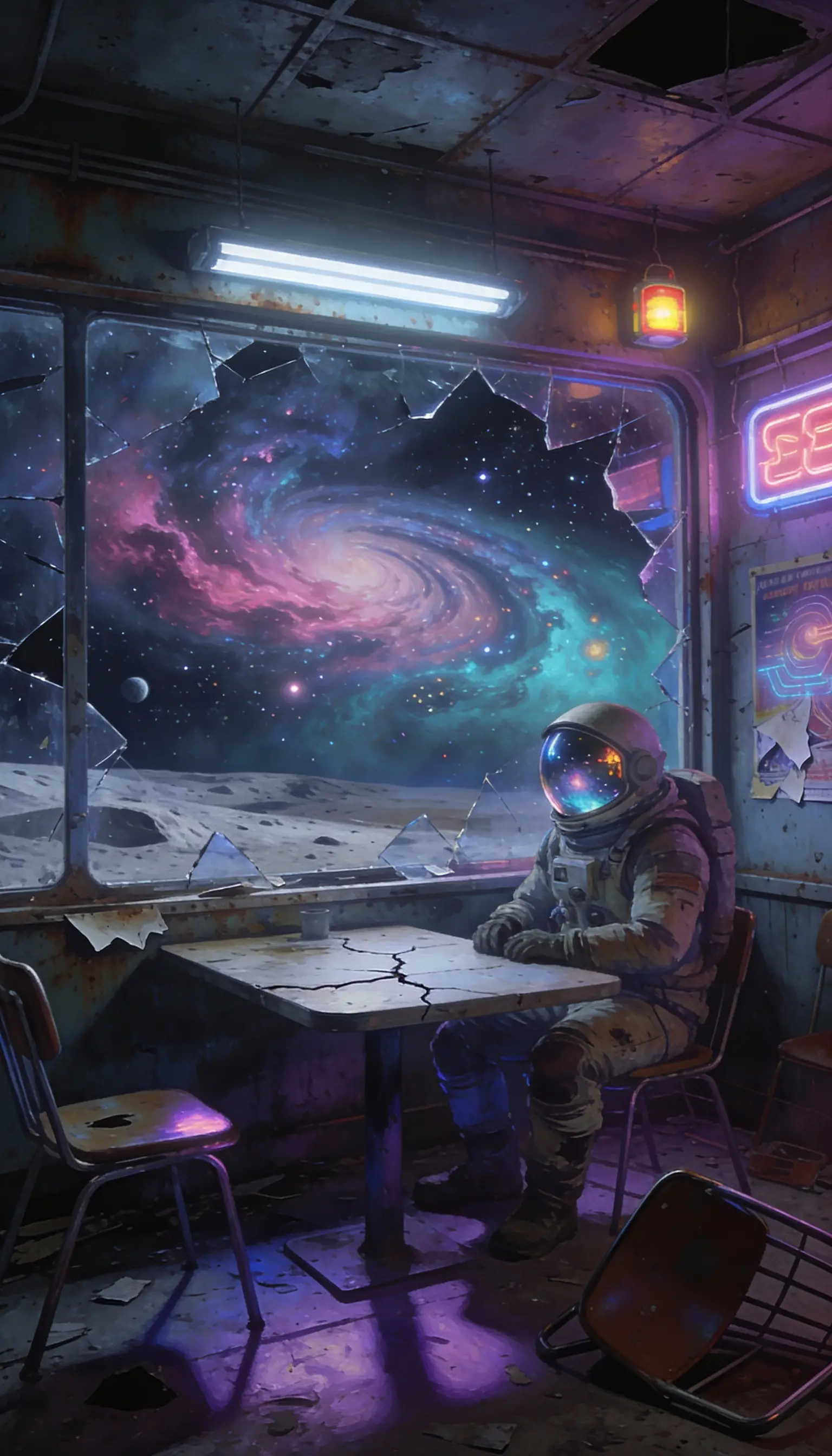 Solitary astronaut in an abandoned space cafe with cosmic view