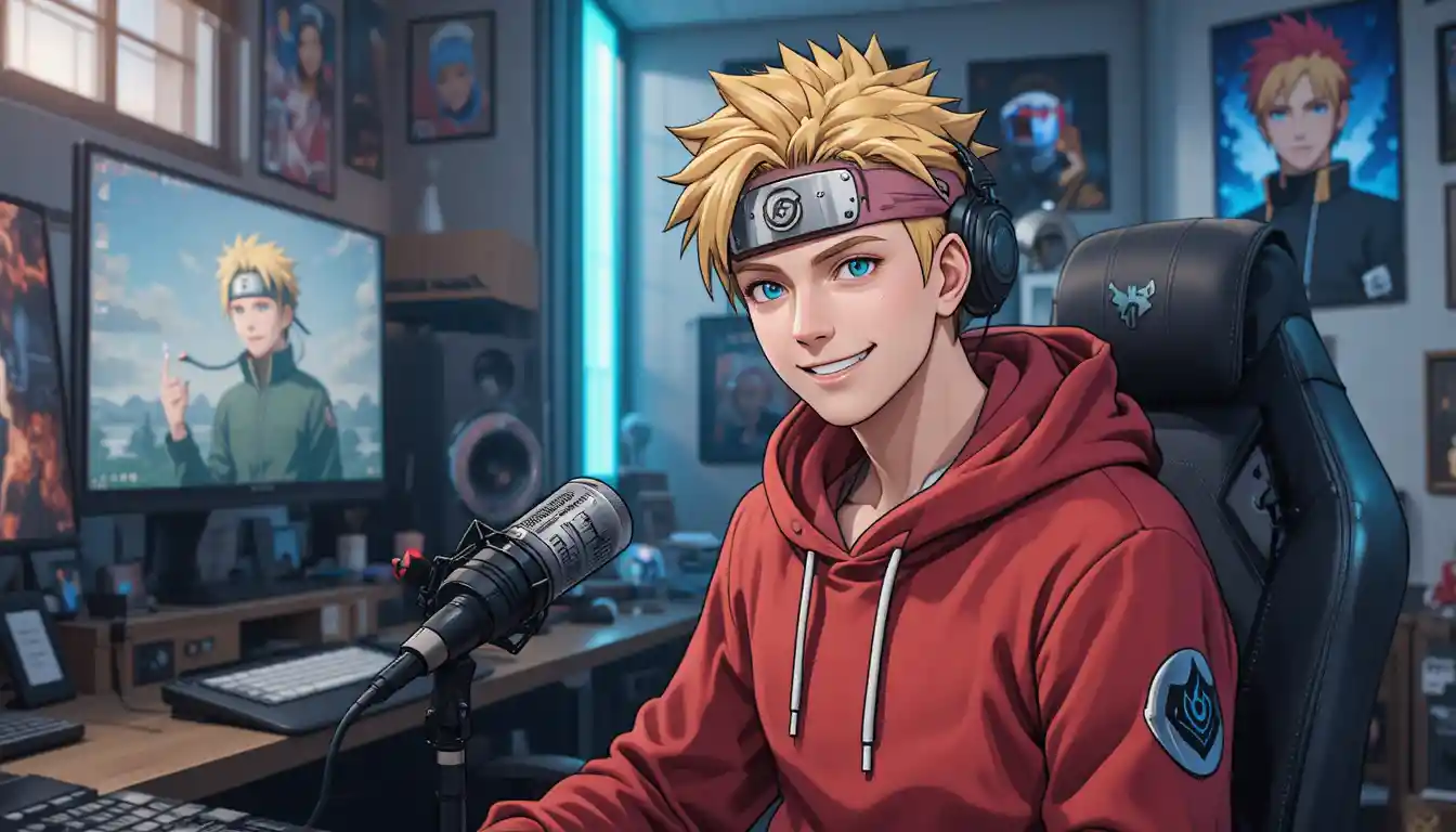 Creador de contenido estilo anime en estudio con sudadera roja