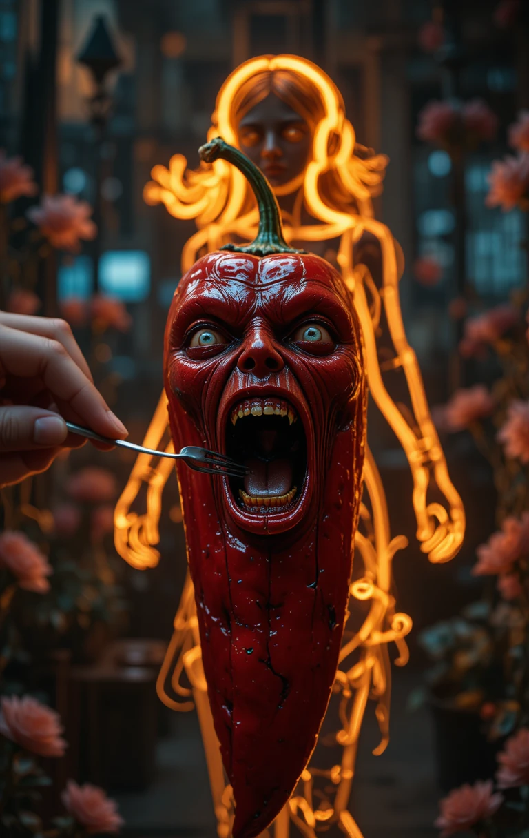 Peperoncino rosso con volto umano in inquietante primo piano