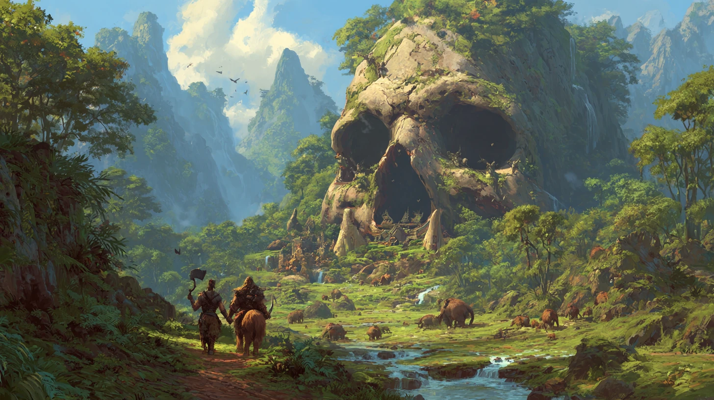 Bárbaro e leão companheiro entrando em um exuberante vale de selva