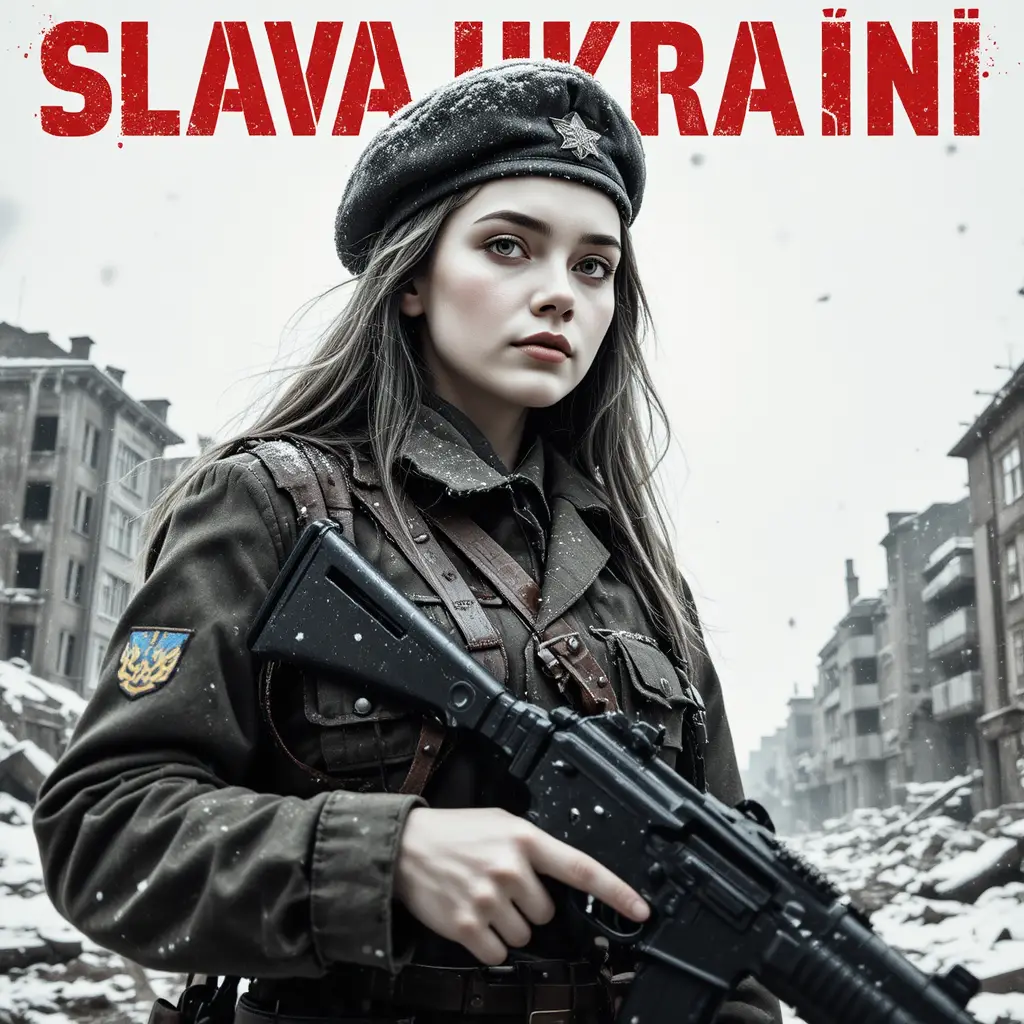 Ukrainian woman soldier with rifle in Soviet style poster