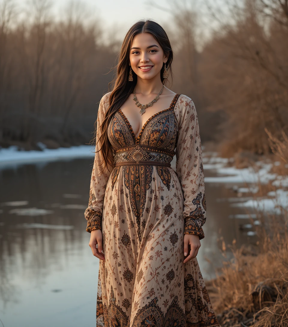 Lächelnde Boho-Frau im Maxikleid an frostigem Flussufer