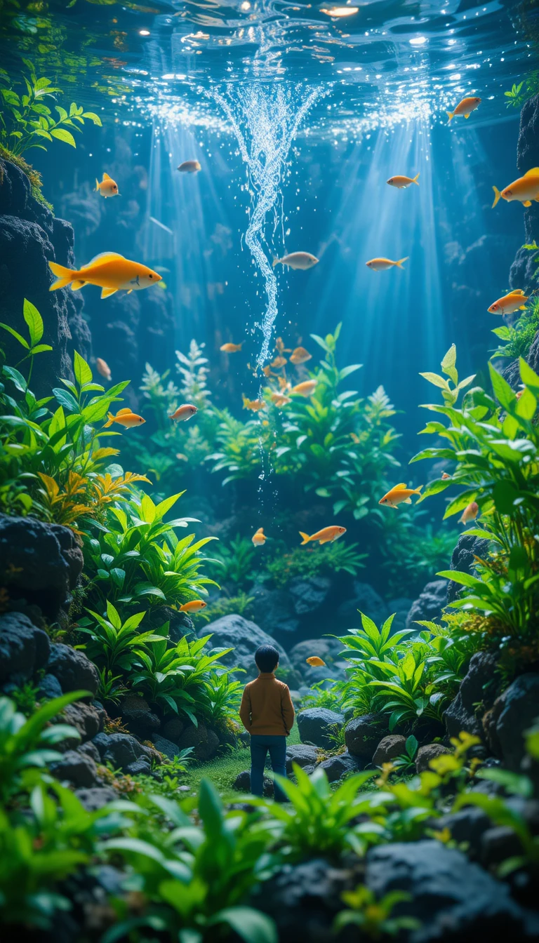 Colorful neon fish swimming in a lush planted aquarium