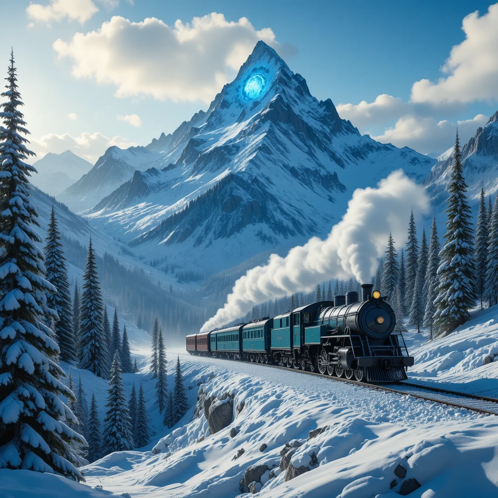 Tren de vapor vintage cruzando un valle montañoso nevado