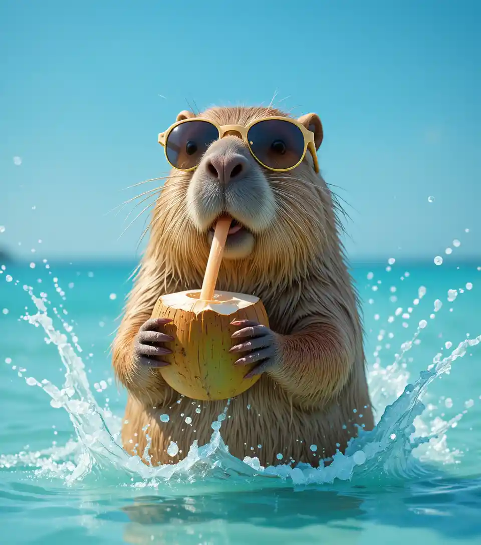 Capybara Drinking Coconut In Bright Tropical Water