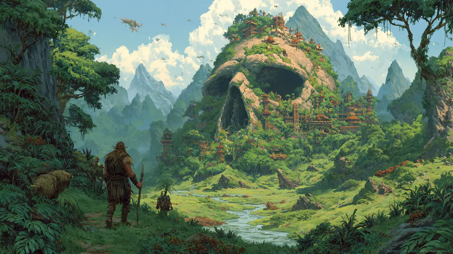 Bárbaro e leão entrando em um vale de selva exuberante