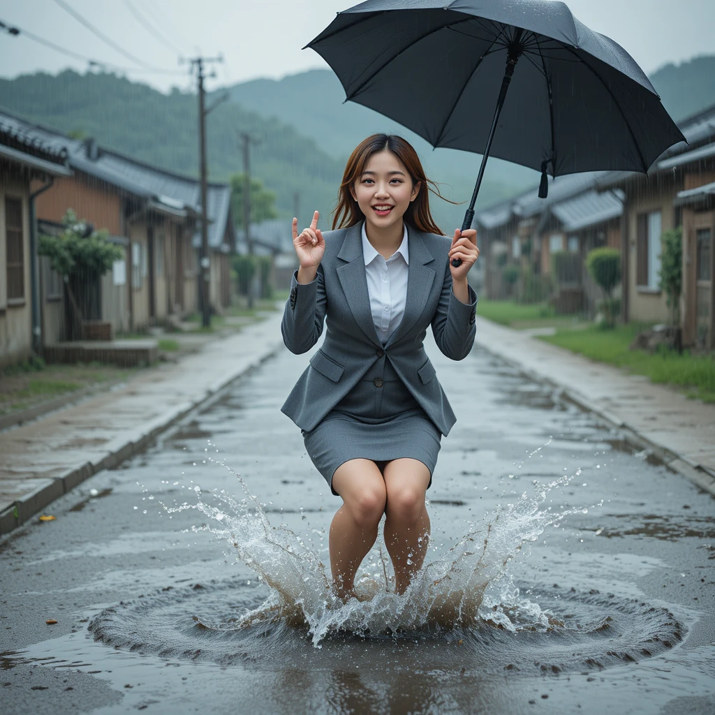 Young woman splashing in a puddle on a rainy village road