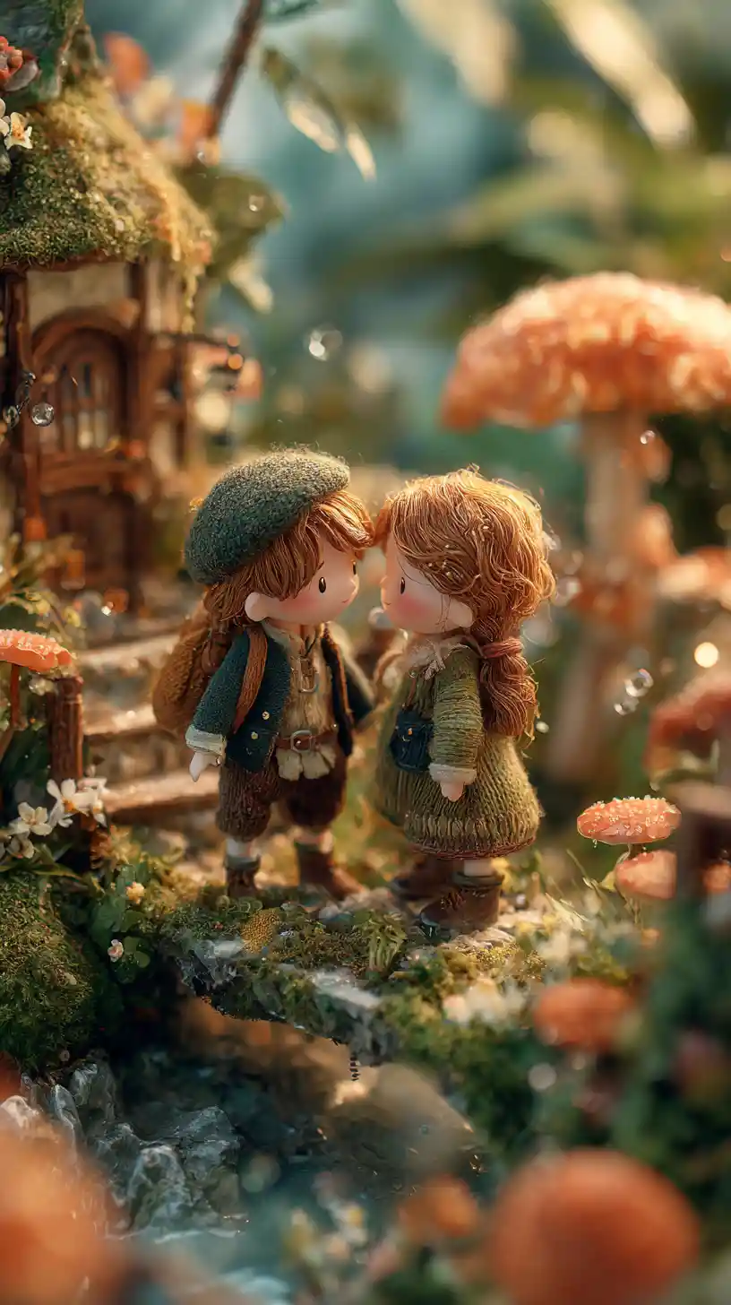 Coppia romantica in un piccolo prato di un villaggio fantasy
