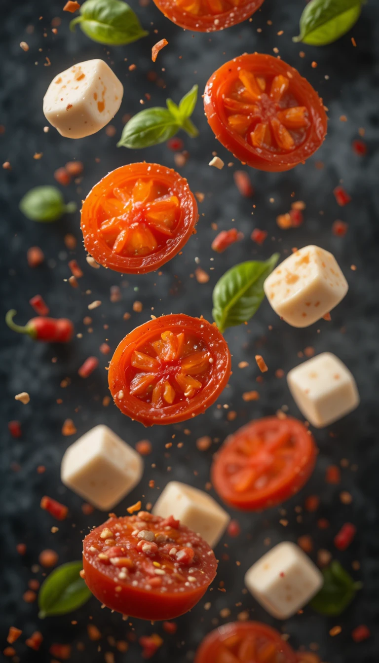 Falling pepperoni mozzarella and basil in dramatic food scene