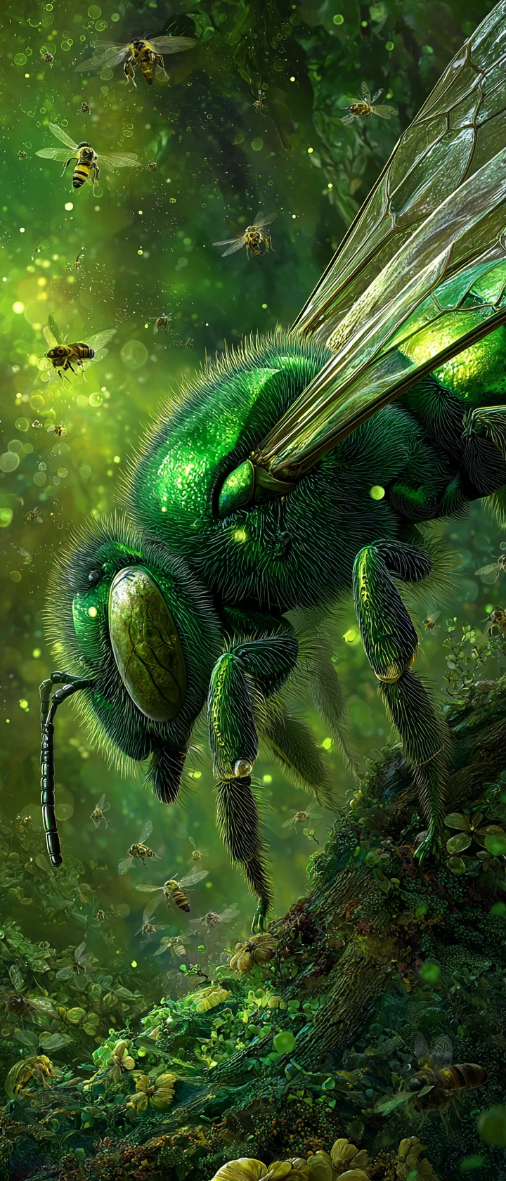 Glowing green bee in a surreal microscopic fantasy world
