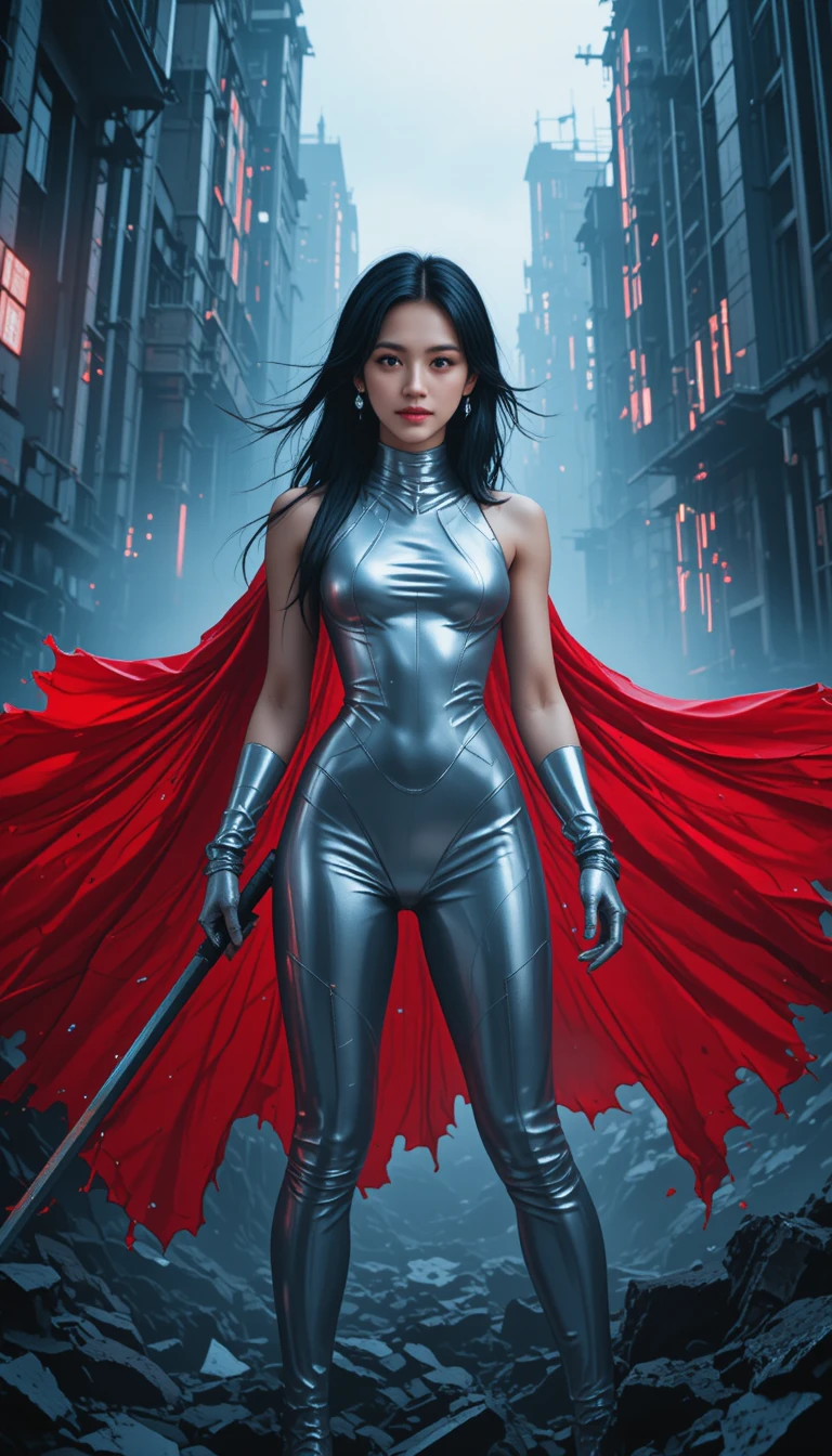 Defiant warrior woman in a ruined futuristic city