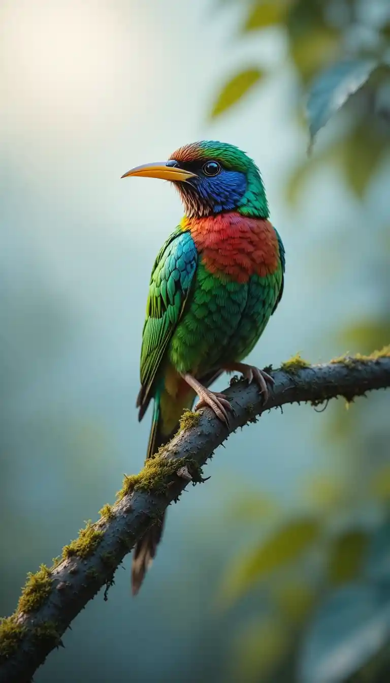 Oiseau chanteur coloré perché sur une branche moussue à l’aube