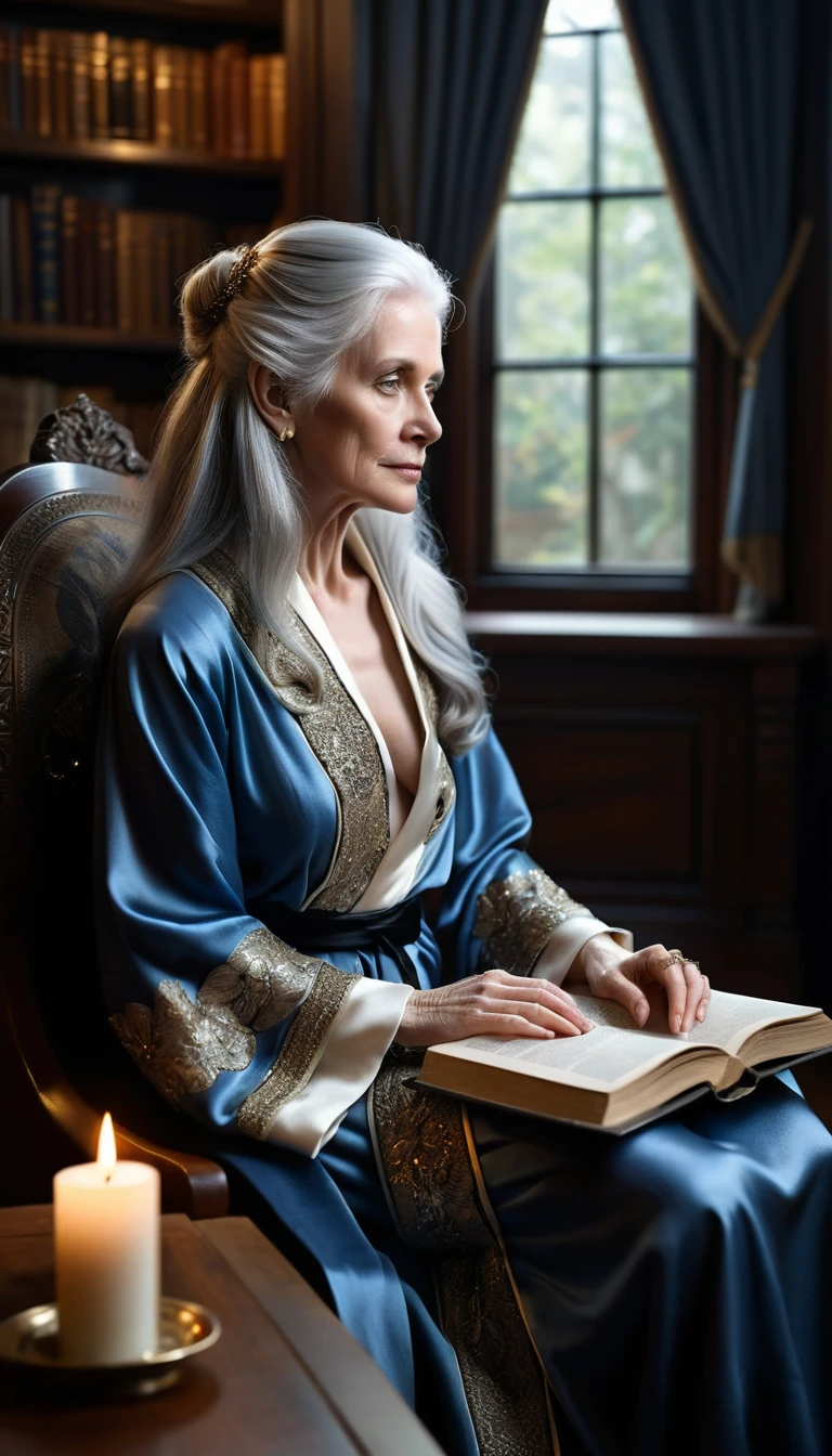 Mulher mais velha elegante em biblioteca iluminada por velas