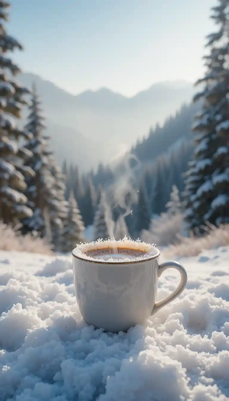 Tasse de café fumante posée dans la neige par un matin glacé