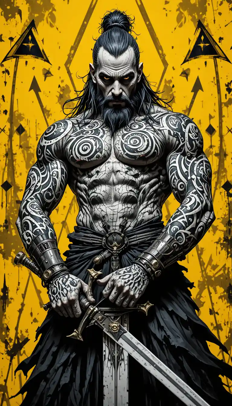 Guerrier dark fantasy avec épée sur un fond jaune tranchant